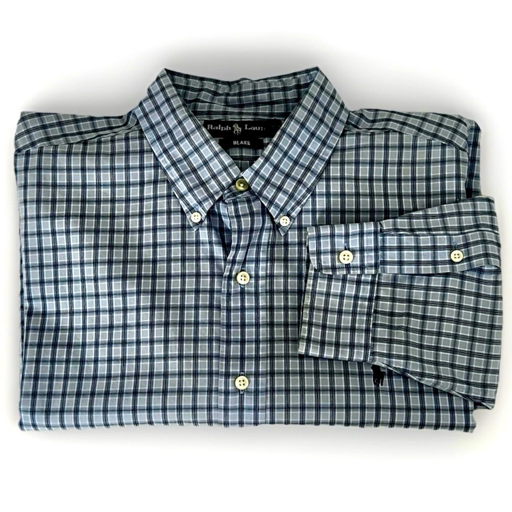 $15 SALE Ralph Lauren Blake Cotton Designer‎ Shirt Men XL Blue Check Long Sleeve
